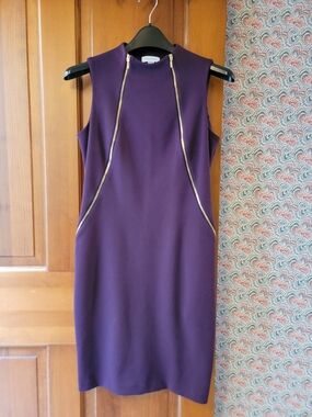 CALVIN KLEIN Aubergine Purple Gold Zipper Lux Ponte Sheath Dress Size 6